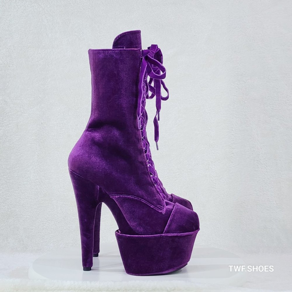 1020 Purple Velvet 7" High Heel Platform Ankle Boots With Boot Protectors - Picture 5 of 8